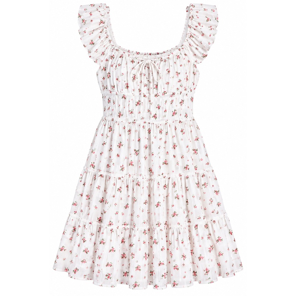 Lush Floral Milkmaid Mini Dress White Pink Ruffle Tiered Smocked Back Large